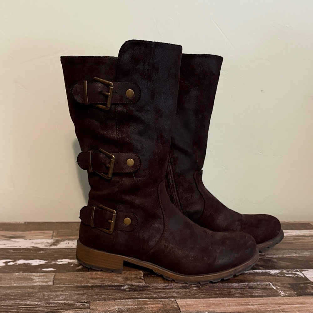 Maurices Dark Brown Combat Boots with Buckle Accents